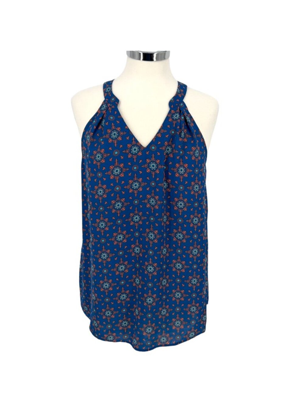 Pixley Boho Casual Summer Blue Floral V-Neck Sleeveless Blouse Blue Size Medium